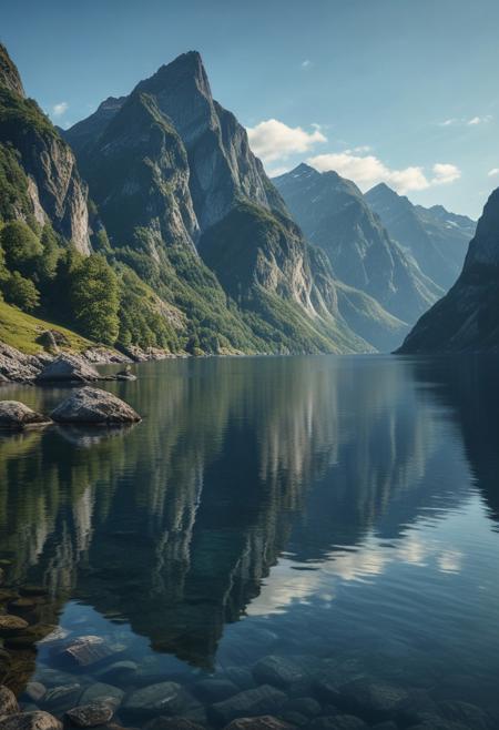 masterpiece, photorealistic, scandinavia, fjords, water, mountains, blue sky, serene, peaceful, uninhabited