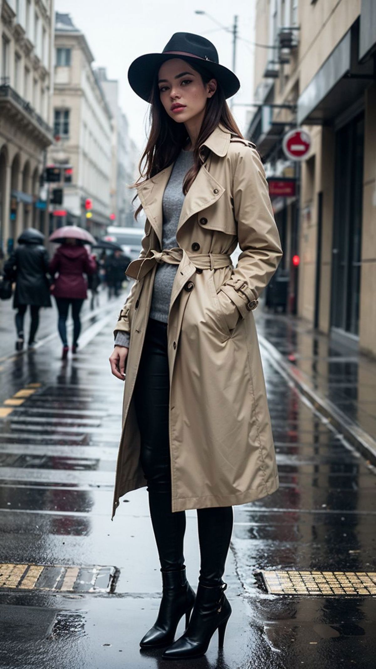 A woman wearing a tan trench coat and black pants stands on a city street.