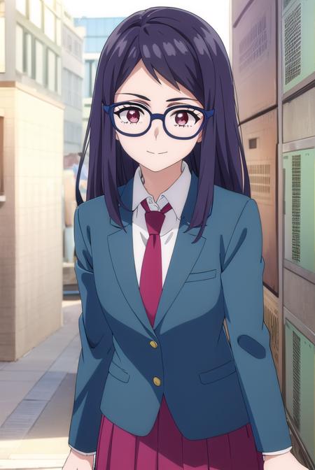 chizuru nakamura, long hair, black hair, (red eyes:1.3), glasses, skirt, school uniform, jacket, pleated skirt, necktie, blazer, red necktie, purple skirt, (aqua blazer:1.2),