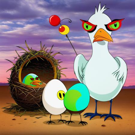 courage_monster, a half robotic chicken with glowing red eyes, standing beside a nest with a large egg with blue and green spots