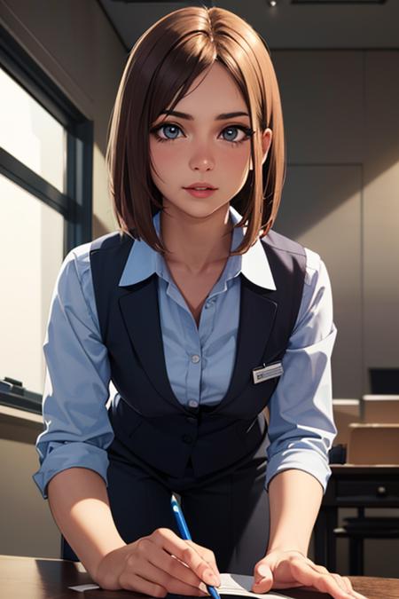 female office worker. cinematic lighting, hyperrealistic, focused, extreme details,cinematic, masterpiece, intricate detail, detailed eyes, good hand angle