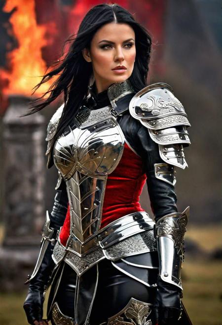 (Best Quality), ((Photo Realistic)), (Full body portrait), ((Professional photography)), Irish warrior queen, layered black hair, intricate armored battle dress, thigh high boots, ((intense metal reflections)), outdoors, red and white, angelic armor and leather, professional lighting, blurry background, soft focus
