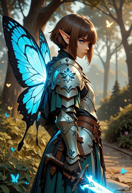 score_9_up, score_8_up, score_7_up, score_6_up. masterpiece, best quality, good quality, very aesthetic, absurdres, semirealism, fantasy, 8K, depth of field, focused subject, cowboy shot, Elf knight, 19yo male, androgynous, pointed ears, short brown hair, male haircut, blue eyes, wearing detailed armor, wielding blue glowing sword, he is standing, sword resting against the ground, large white glowing butterfly wings on the knight's back, park, hkvaloria