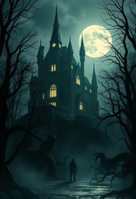 endless night, hyperdetailed, double exposure, gothic castle, glowing windows, moonlit forest, skeletal trees, twisting roots, shadowy creatures, perpetual darkness, fantasy atmosphere, surreal composition, style of Richard Anderson, style of Gris Grimly, style of Norman Ackroyd, haunting, atmospheric, dramatic lighting, ethereal.