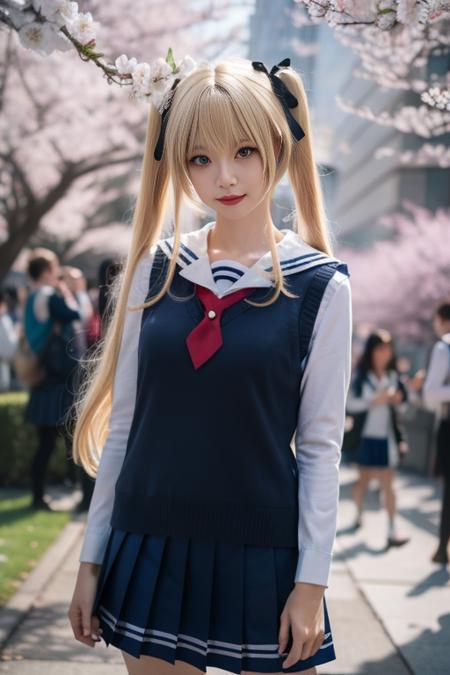 ultra-detailed,highly detailed,best quality,masterpiece,illustration,realistic,
eriri, 1girl, solo, cosplay, 
blonde hair, twintails,long hair, bangs,   blue eyes, 
sweater vest, school uniform, serafuku,sailor collar,shirt, vest, long sleeves,  hair ribbon, pleated skirt, blue skirt, neckerchief,  
standing,looking at viewer,  cowboy shot, 
blurry background, outdoors, day, photo inset, photo background,depth of field, reference inset,spring, cherry blossoms, 
 <lora:eriri_v4_03:0.7>