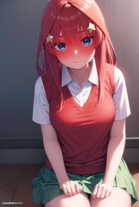 itsukinakano, <lyco:itsukinakano-lyco-nochekaiser:1>, 
itsuki nakano, bangs, blue eyes, hair between eyes, ahoge, red hair, star \(symbol\), hair ornament, star hair ornament, <lora:yudedako_noline_fullface_v100:1>, embarrassed, <lora:wavymouth_type4_v100:1>, open mouth,
BREAK skirt, shirt, school uniform, collarbone, white shirt, short sleeves, pleated skirt, socks, collared shirt, miniskirt, kneehighs, white socks, green skirt, sweater vest, red sweater vest,
BREAK indoors, school, classroom,
BREAK <lyco:GoodHands-beta2:1>, (masterpiece:1.2), best quality, high resolution, unity 8k wallpaper, (illustration:0.8), (beautiful detailed eyes:1.6), extremely detailed face, perfect lighting, extremely detailed CG, (perfect hands, perfect anatomy),