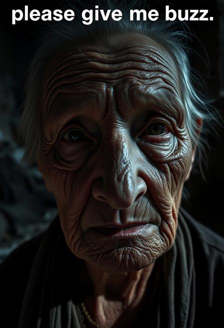 An elderly woman with deeply wrinkled, weathered skin is captured in a close-up using a 50mm Panavision Prime lens, showcasing every fine detail of her face. The dramatic lighting casts harsh shadows across her features, emphasizing her sorrow and exhaustion. Her eyes, filled with years of suffering, are framed by darkness, further heightening the emotional weight of the scene. The background is softly blurred but suggests a decaying, slum-like environment with crumbling walls and scattered debris. The lighting intensifies the mood, highlighting the contrast between light and shadow on her skin. At the top of the image, a subtle yet impactful text reads: ‘please give me buzz,’ adding irony to the somber tone of the scene
