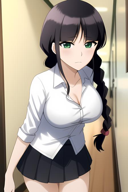 Nemu, closed white shirt, gray skirt, school hallway, green eyes, single braid, medium breasts | big breasts, <lora:nemu6:0.8>