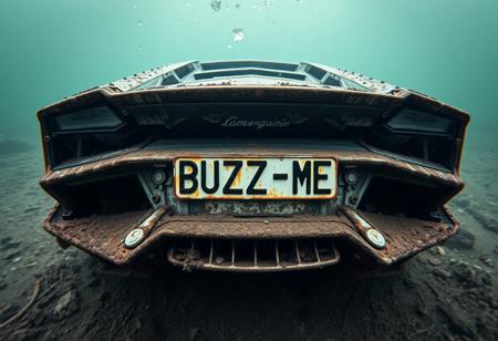 Totally Rusted wreck of Lamborghini Temerario underwater rusted number plate with text "BUZZ ME", cinematic, post apocalyptic look, seabed