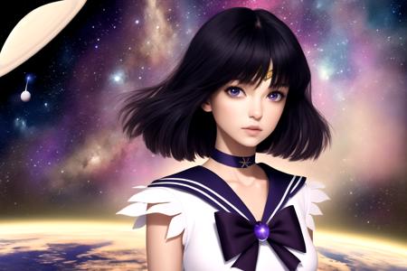 masterpiece, best quality, 1girl, photo of realistic, sailor saturn, (gold tiara on her forehead), tiara, solo, short hair, purple hair, bangs, black hair, red bow, brooch, choker, collarbone, looking at viewer, view from far, parted lips, purple eyes, cowboy shot, fullbody, space background. saturn background <lora:SailorSaturnV1:1>