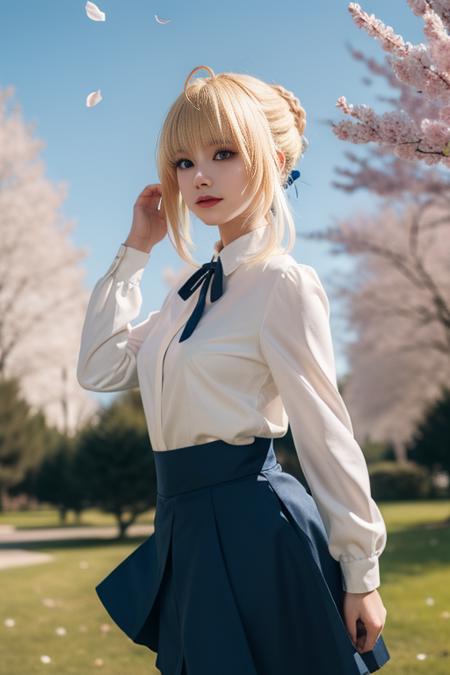 ultra-detailed,highly detailed,best quality,masterpiece,illustration,
saber, 1girl, artoria pendragon \(fate\), solo, cosplay,
blonde hair, ahoge,hair ribbon, short hair, braided bun, sidelocks, bangs, 
pantyhose, shirt,skirt,  neck ribbon, long sleeves,casual, blouse, high-waist skirt, 
looking at viewer, 
outdoors, grass,dynamic pose, photo background, flower, wind,sky,falling petals, 
<lora:saber_v1_02:0.7>