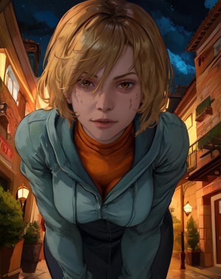 Cheryl,blonde hair,brown eyes,
orange turtleneck,leaning forward,
cleavag cutout,
(light smile:0.7),
(silent hill \(series\):0.6),hotel,night,
(insanely detailed, beautiful detailed face, masterpiece, best quality) cinematic lighting,<lora:Cheryl-10DBD:0.7>,