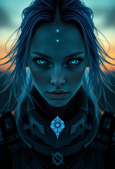 A symmetric portrait of an alien female. she has blue hair, blue skin and blue eyes, sci-fi, space, loose clothes, sci-fi army armour Weighted Voronoi stippling and laser caustics create a network,  luminescent blue crystaltransitioning from hyperrealistic detail to abstract, quantum-inspired forms. Ethereal hues blend, evoking existential transition and mystery. Close-up on the face, Set against a twilight backdrop, she is looking at the viewer, 
abstract background, dynamic pose, dramatic lighting,  realistic, winds ripple through his tattered robes. Rendered in a fusion of photorealism and digital surrealism, Emphasis on darkness, menacing atmosphere,