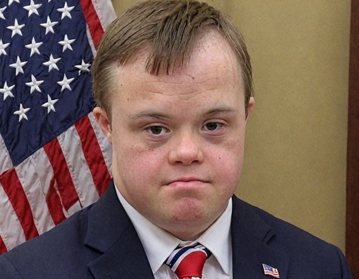 <lora:Chromosome+:0.85>, down syndrome, adult, president, fancy hair, serious, american flag,