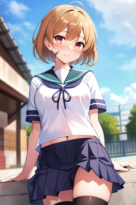 oboroKC, 1girl, solo, short hair, skirt, school uniform, pleated skirt, serafuku, bandaid on face,