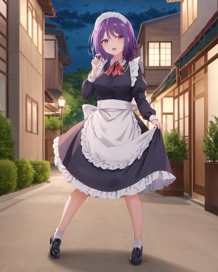 ((masterpiece, high quality, best quality, highres,))
 outdoors, street, night, 
looking at viewer, full body, 
Yuzuki,  <lora:Aoba_Yuzuki-10:0.8> , maid cosplay, maid , maid outplay,  <lora:maid_cosplay:1>