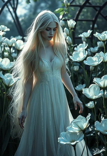 In a secret garden where flowers take the shape of polished, liquid mercury, reflecting the world in distorted and fleeting images, a beautiful vampire moves with the ethereal grace of a phantom. Her skin, pale as moonlight, is almost translucent, and her long, flowing hair cascades like a shimmering waterfall of molten silver. She is not bound by the mortal need for blood, but by a profound connection to memory, her very essence woven from the fading echoes of forgotten moments. The air is heavy with the scent of mercury, a metallic fragrance mingling with the faint whispers of lost souls, creating a haunting sense of both beauty and despair. Her eyes, deep pools of quicksilver, reflect countless stories from the past, each a fragment of a world that no longer exists. Her touch is as cold as a tomb, a constant reminder of the inexorable march of time and the fragility of all things. She is the keeper of this garden, a guardian of both sorrow and beauty, a spectral reminder of what once was. She is not just a vampire; she is a weaver of time, her very being an archive of the past.