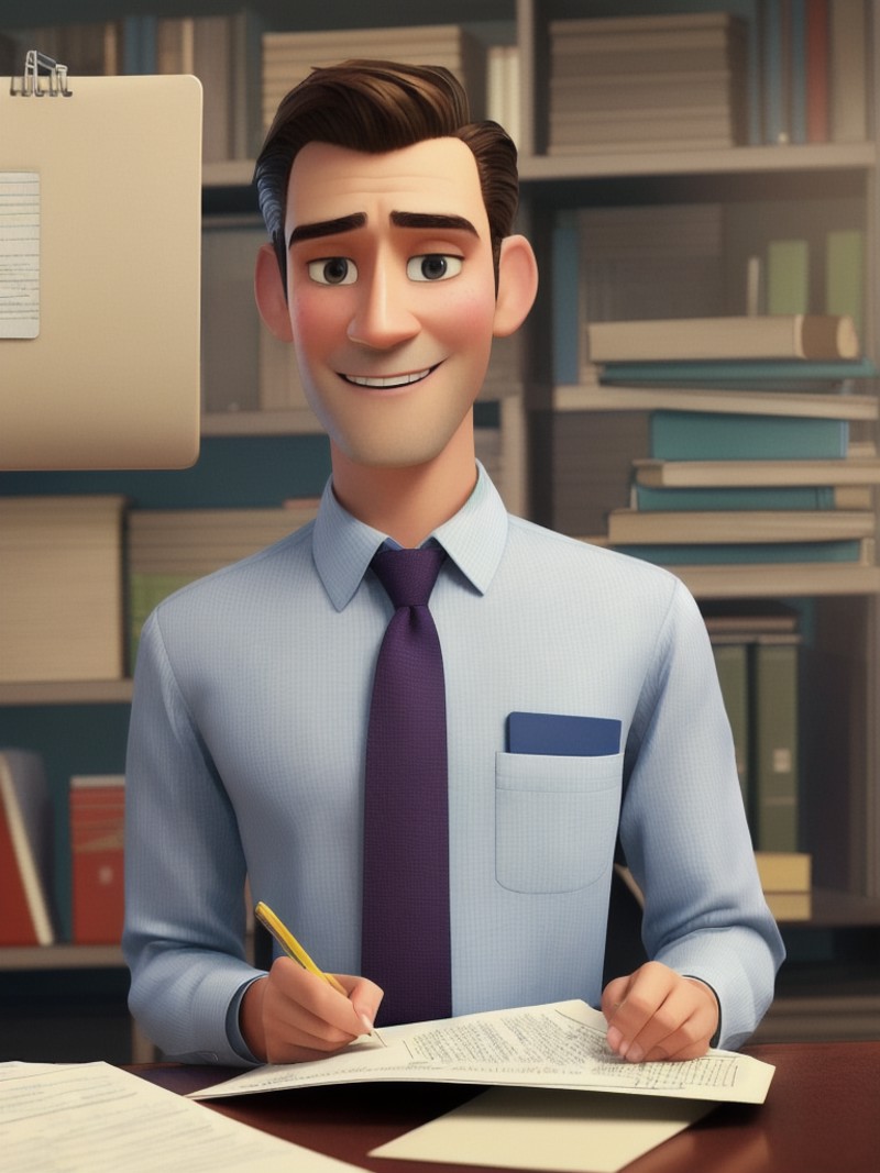pixarstyle a waist-length portrait of a man in a office shirt, smirk, folder with documents in his hands, office, natural ...