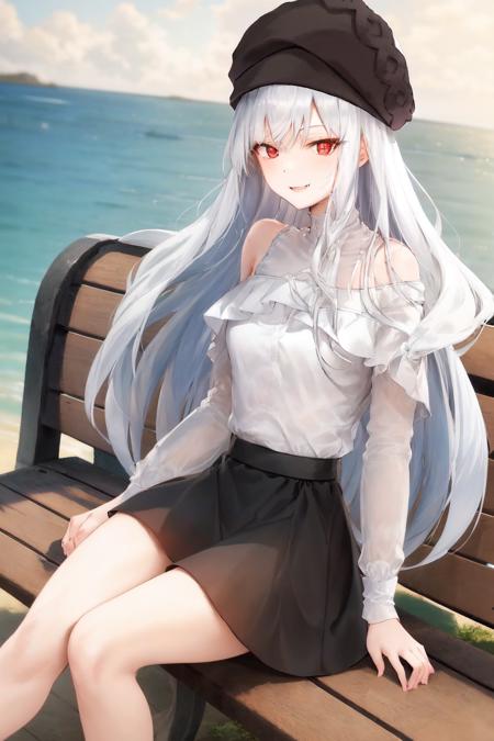 luciela, 1girl, black winter hat, fang, white shirt, black skirt, white hair, medium breasts, (onee), mature female, smile, looking at viewer, facing viewer, long hair, sea, outdoors, dynamic pose, [side braid], bare legs, full body, sitting on bench,