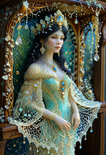 A fairy queen with dark hair is intricately adorned, featuring lace, Miatake mushrooms, triboluminescent crystals, and elaborate lace. The detailed design also includes shelf fungi, Grifola frondosa, and iridescent elements reminiscent of Gustav Klimt's artwork. Delicate spiderwebs hang with jewels and dew, further enhancing her ethereal beauty.