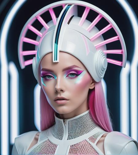 A beautiful pink haired female artist all white sleek futuristic outfit, with intricate headpiece, details, design, clean makeup, with depth of field, fantastical edgy and regal themed outfit, captured in vivid colors, embodying the essence of fantasy, minimalist, film grain