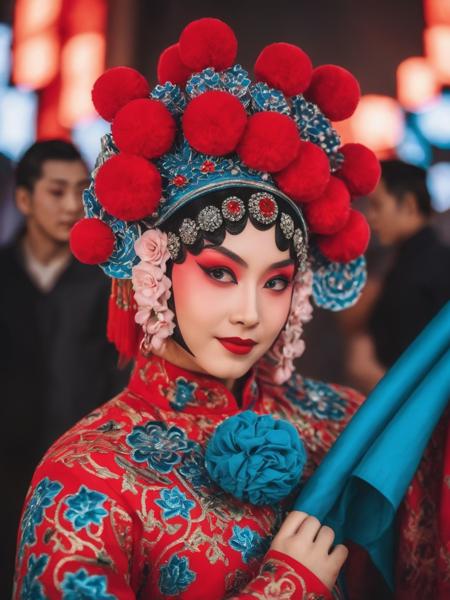 <lora:chinese operas_1-000015:0.7>,A woman in a red-and-blue costume with floral patterns is looking toward the audience. Close-up,daomadan,Cyberpunk style,