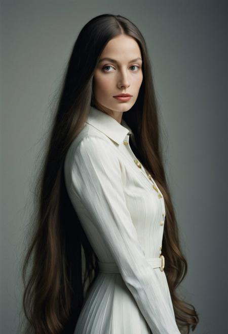 Extremely beautiful woman,very long hair, masterpiece, 1960s style portrait photograph by Annie Leibovitz, Rolleiflex medium format tlr