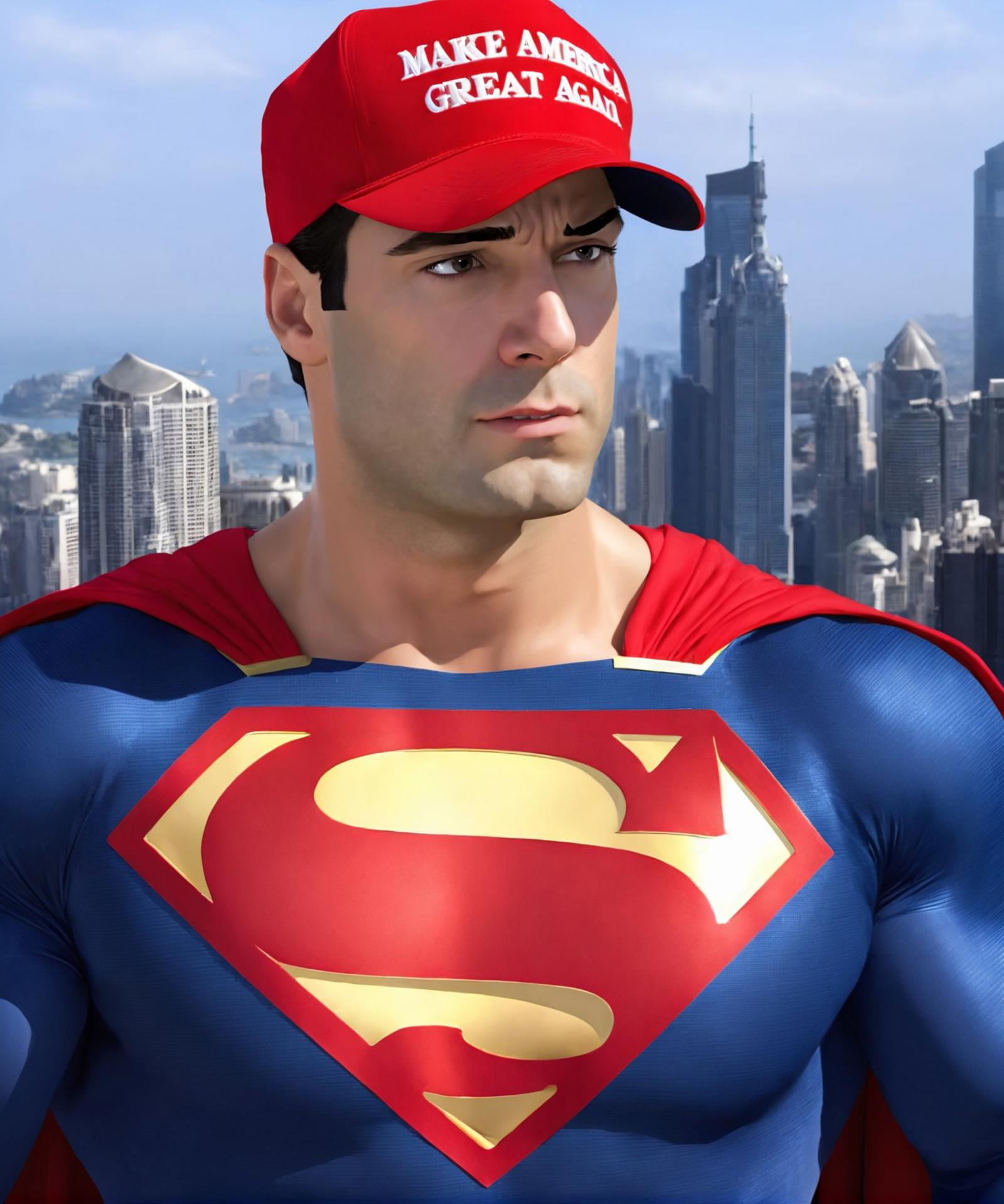 man wearing red maga hat, upper body, city at background, superman , professional, photo, high quality, highres, 
 <lora:m...