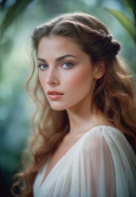 romantic facial portrait of the most beautiful glamour model ever, prim 20 year old woman, elegant long hair, highlights, (realistic skin details:1.2), blurry and out of focus in the background the washed-out colors of Cascade Saint Maurin and Pirates of the Caribbean as mere faint lights, photography by tony kelly and (george hoyningen-huene:0.7), cirque du' soleil meets edenic paradise, (face focus:1.2), award-winning avant-garde composition, sense of depth, blurry background, f1, blurry foregound, kodak portra photography, incredibly lifelike, subtle emergence of hedonsim, castaway survivor, (sexualized:0.2), (large breasts:0.3), vignette, romanticized, dramatic elegance, timeless beauty standard