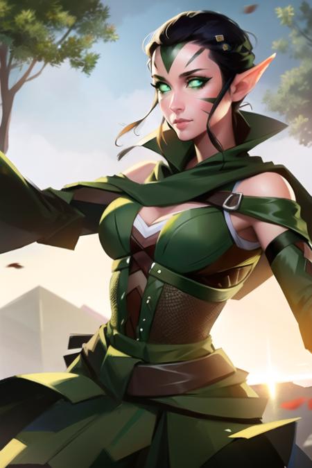 green eyes,facial mark, Nissa mage staff,holding