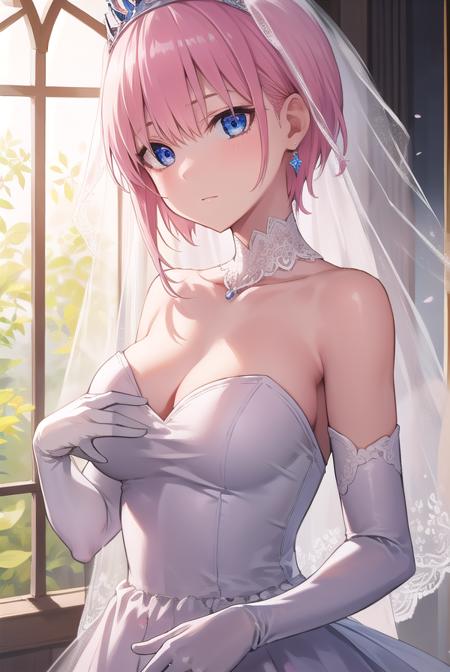 ichikanakano, <lora:ichikanakanotest:1>, ichika nakano, short hair, bangs, blue eyes, hair between eyes, pink hair, earrings,
BREAK gloves, dress, cleavage, bare shoulders, collarbone, elbow gloves, white gloves, white dress, strapless, tiara, veil, strapless dress, wedding dress, bridal veil,
BREAK indoors, church,
BREAK looking at viewer, BREAK <lora:GoodHands-vanilla:1>, (masterpiece:1.2), best quality, high resolution, unity 8k wallpaper, (illustration:0.8), (beautiful detailed eyes:1.6), extremely detailed face, perfect lighting, extremely detailed CG, (perfect hands, perfect anatomy),