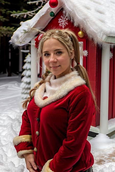 mrs santa claus, santas grotto, north pole, elves, snowmen, candy canes, snow, icicles,  <lora:Sarah_Jane_Honeywell:1> masterpiece, best quality, detailed face, 1girl, solo, a young sj1873h, blonde_hair Pig Tail