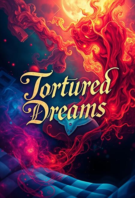 A vivid digital art piece depicting the dreams of a schizophrenic, written above the main focus of the image in bleeding elegant calligraphy lettering are the words "Tortured Dreams"