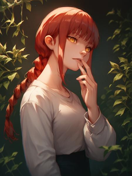 makima, 1girl, yellow eyes, red hair, braided ponytail,  ringed eyes, white collared shirt, black necktie,