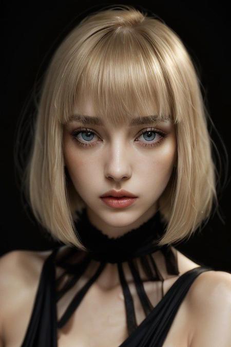 A detailed portrait of a young blonde woman exuding elegance and natural grace. She has a bobcut with bangs. Her hazel eyes are accentuated by tasteful makeup, s. She wears a high-necked black top, suggesting a blend of casual refinement. The lighting should illuminate her face against a subdued background, emphasizing her calm and confident expression. High Fashion, dynamic, dramatic, elegant, High fashion supermodel, avant garde style
fFaceDetaile