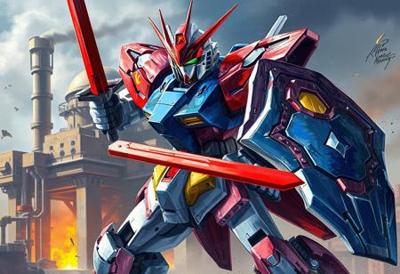 The image showcases a detailed and vibrant depiction of Alpha The Magnet Warrior Gundam, a legendary robot, in a 4K, exceptional quality, dynamic action pose. Alpha The Magnet Warrior Gundam, adorned with a red helmet, wields a red sword and blue shield, ready for battle. The background features an Ancient Gear Factory, adding to the overall epic feel. The image boasts sharp lines, brush strokes, stunning and harmonious colors, and multi-colored, contemporary aesthetics. The matte painting and impeccable composition result in a captivating and well-timed moment, emphasizing the beauty of this detailed illustration, trending on ArtstationHQ. The image is rendered in Redshift and Unreal Engine 4K, 8K.