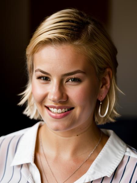 Realistic photo of a beautiful 3l1sh4c-v1 woman, 1girl, solo, looking at viewer, smile, short hair, blonde hair, shirt, jewelry, earrings, parted lips, teeth, solo focus, necklace, mole, blurry, lips, blurry background, portrait, mole under mouth, striped shirt, realistic, soft lighting, professional Photography, Photorealistic, detailed, RAW, analog, sharp focus, 8k, HD, DSLR, high quality, Fujifilm XT3, film grain, award winning, masterpiece<lora:3l1sh4c-v1:1.0>