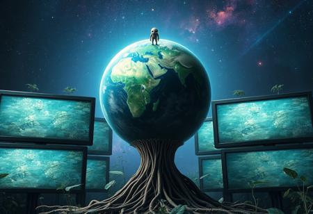 A planet  surrounded by large screens, held up by plants roots.  cosmos background with  a alien creature in space.