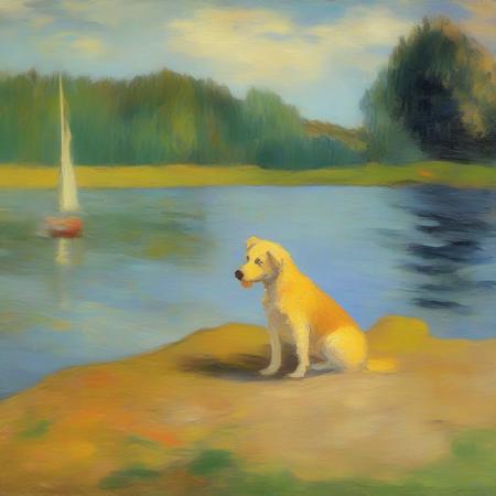 an impressionist painting of a dog by a lake in the style of Gauguin <lora:impressionism:1>