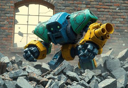 Epic Ancient Gear Golem amidst rubble, blue, green, yellow robot with arm cannons. Brick wall backdrop, broken window. Destruction, resilience. 4K, octane render, Unreal Engine 5, dynamic action pose, vivid emotions, Raphael & Houdini style. Trending on Artstation, CGSociety, splash ink illustration, golden ratio, immaculate matte painting, detailed face, balanced editing, attractive background, lifelike, handcrafted, trending on ArtstationHQ, harmonious colors.