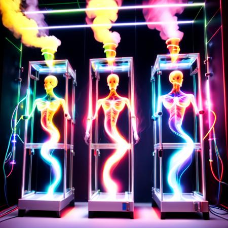 photo, scifi photonic cloning equipment, human bod forms from vibrant (colored glowing smoke:1), hi tech machine rack (photoniccloning style:1)  <lora:djzPhotonicCloning:0.8>