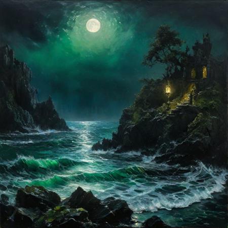 A dark, gothic oil painting depicting a mermaid with a shimmering green tail, nestled on an isolated rock, enveloped by the night's embrace and a tumultuous sea, under the watchful eye of a full moon. The scene's intensity is captured with vigorous, heavy brushstrokes, highlighting the dramatic interplay between the serene mermaid and the wild, untamed sea. The moon bathes the scene in a ghostly light, emphasizing the gothic atmosphere and the mermaid's ethereal beauty. Created Using: intense, textured oil painting style, dramatic use of light and shadow, detailed rendering of mermaid's scale and hair, powerful depiction of the sea's might,   evocative portrayal of the night's mood