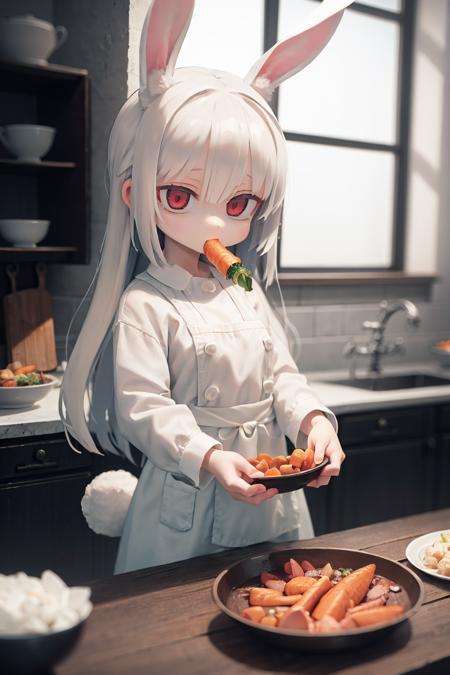 kitchen,woman,lady,rabbit girl,cooking,eating (Carrot:1.2),
white hair,rabbit ears,
(red eyes:1.2),
expressionless,
white clothes,