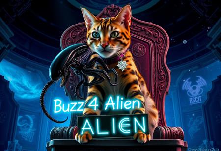 "A majestic Bengal cat with a coat of striking golden marbled fur and vivid black rosettes sits imperiously on a grand, throne-like perch made of intricately carved stone, faintly glowing with mystical symbols. Its eyes are sharp and gleaming with an otherworldly intelligence. The Bengal cat holds an imposing, larger-than-life Xenomorph alien from the movie *Alien* delicately in its mouth. The Xenomorph, now significantly larger, with its glossy black exoskeleton, menacing elongated head, and sprawling tail, dangles with a mix of defiance and vulnerability. The cat wears a fancy, futuristic cardboard plaque around its neck that reads ‘Buzz 4 Alien’ in bold, glowing neon letters, adorned with intricate, holographic designs that pulse rhythmically. The background blends an eerie, futuristic space station interior with a cosmic vista of swirling galaxies and nebulae, creating an atmosphere of grandeur and otherworldly drama."