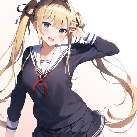 masterpiece, best quality, 1girl, blonde hair, twintails, hair ribbon, school uniform, black thighhighs, sawamura spencer eriri, <lora:qqq-sawamura_spencer_eriri-v1:0.7>