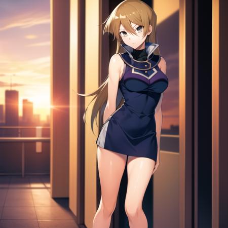 1girl, highres, masterpiece, tenjouin asuka,duel academy uniform gx, full body, solo, city, street, anime, absurdres, detailed face, perfect eyes, sunset, rooftop