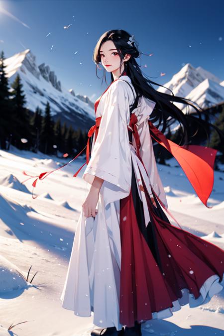 Best quality, masterpiece, 1 girl,full body, white hanfu, looking at viewer,Snowy mountains, snow, snowflakes flying
 <lora:Guofeng_minimalism_v1:0.8>