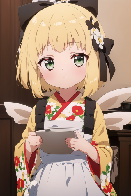 1girl, solo, looking at viewer, blush, short hair, bangs, blonde hair, hair ornament, long sleeves, bow, animal ears, closed mouth, green eyes, upper body, flower, hair bow, japanese clothes, wings, indoors, virtual youtuber, hair flower, kimono, bag, blurry, apron, sleeves past wrists, black bow, x hair ornament, white flower, white apron