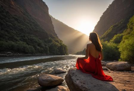 a petite slim woman is sitting on a stone at a riverside looking to the red sun. showing her back and her red silk dress is glowing. dramatic rim lighting and dark theme from the late orange evening sunset with god rays. the canyon is rocky, foggy and full of vegetation and a river. 
score_9, score_8_up, score_7_up, highres, very detailed, amazing quality, perfecteyes