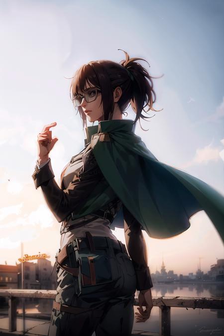 cowboy shot, beautiful HangeAOT, 1girl, solo, jacket, glasses, cape, paradis_military_uniform, volumetric lighting, best quality, masterpiece, intricate details, tonemapping, sharp focus, hyper detailed, trending on Artstation, <lora:HangeAOT:1>